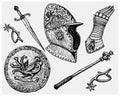 Medieval symbols, Helmet and gloves, shield with dragon and sword, knife and mace, spur vintage, engraved hand drawn in