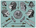 Medieval symbols, Helmet and gloves, shield with dragon and sword, knife and mace, spur vintage, engraved hand drawn in