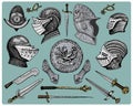 Medieval symbols, Helmet and gloves, shield with dragon and sword, knife and mace, spur vintage, engraved hand drawn in