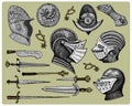 Medieval symbols, Helmet and gloves, shield with dragon and sword, knife and mace, spur vintage, engraved hand drawn in