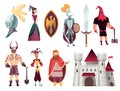 Medieval tales characters flat set with archer blacksmith king queen horn bishop warrior knight castle vector Royalty Free Stock Photo
