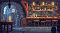 The medieval tavern in the castle dungeon with candle lamps, wooden furniture and stuff. A table, chairs and shelf with