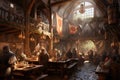 Medieval tavern filled with knights and peasants, where servers clad in period costumes deliver hearty stews and tankards of ale, Royalty Free Stock Photo