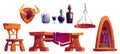 Medieval tavern furniture, wine bottles, candles Royalty Free Stock Photo