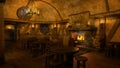 Medieval tavern inn bar with open fire burning in the evening with candlelight. 3D rendering Royalty Free Stock Photo