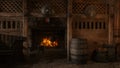 Medieval tavern interior with cooking pot on an open fire, large barrel and sacks of potatoes. 3D illustration