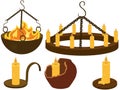 Medieval tavern interior fire stands and coasters collection vector illustration Royalty Free Stock Photo