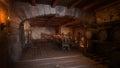 Medieval tavern interior with stone walls, wooden floor, tables with food and drink, barrels of wine or ale. 3D rendering