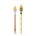 Medieval Or Tiki Torches, Game Assets, Ancient Lantern With Burning Fire And Wooden Or Bamboo Handle, Flaming Flambeau