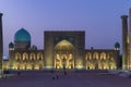 Medieval Tilla-Kari madrasah on Registan Square in September twilight. Samarkand Royalty Free Stock Photo
