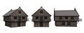 Medieval timber framed house shown from three different angles. 3D rendering isolated on a white background