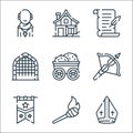 Medieval times line icons. linear set. quality vector line set such as bishop, torch, banner, crossbow, wooden, entrance,