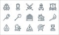 Medieval times line icons. linear set. quality vector line set such as king, church, bishop, dartboard, crusader, rose, medieval