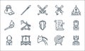 Medieval times line icons. linear set. quality vector line set such as king, dragon, friar, dartboard, gallows, torch, parchment,