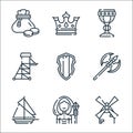 Medieval times line icons. linear set. quality vector line set such as mill, witch, sailing ship, ax, wooden, tower, holy chalice