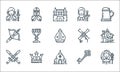 Medieval times line icons. linear set. quality vector line set such as witch, church, crossed, key, crown, crossbow, mill,