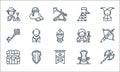 Medieval times line icons. linear set. quality vector line set such as ax, banner, treasure chest, throne, wooden, key, knight,