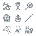 Medieval times line icons. linear set. quality vector line set such as executioner, tower, horse, lance, bishop, witch, ax, holy