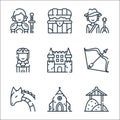 Medieval times line icons. linear set. quality vector line set such as haystack, church, dragon, arrows, castle, queen, bard,