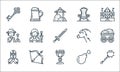 Medieval times line icons. linear set. quality vector line set such as mace, holy chalice, armor, chicken leg, arrows, bard, horse