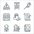 Medieval times line icons. linear set. quality vector line set such as old, crusader, friar, parchment, coin, treasure chest, rose