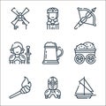 Medieval times line icons. linear set. quality vector line set such as sailing ship, armor, torch, wooden, beer mug, knight,