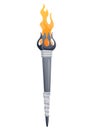 Medieval torch with burning fire. Ancient realistic metal torch with flame. Cartoon game element vector illustration