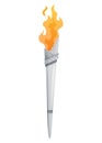 Medieval torch with burning fire. Ancient realistic metal torch with flame. Cartoon game element vector illustration