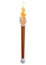 Medieval torch with burning fire. Ancient realistic wooden torch with flame. Cartoon game element vector illustration