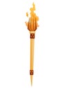 Medieval torch with burning fire. Ancient realistic wooden torch with flame. Cartoon game element vector illustration