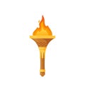 Medieval Torch, Isolated Game Asset. Ancient Flambeau With Burning Fire And Bright Sparks Glow. Flaming Torchlight Icon