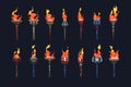 Medieval torch. Sprite animation frame set with burning fire elements, ancient stick with fireflame for game asset