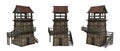 Medieval tower building with timber and stone construction. 3D illustration with 3 different angles isolated on white