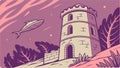 Medieval Tower with Flying Fish Illustration, vector design Generative AI Royalty Free Stock Photo