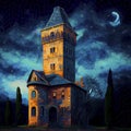 Medieval tower in night with starry sky, ai illustration