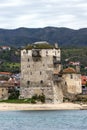 Medieval tower and panorama to Ouranopoli, Athos, Chalkidiki, Greece Royalty Free Stock Photo