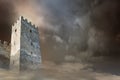 medieval tower on storm clouds sky background Royalty Free Stock Photo