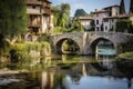 Medieval town with houses and stone bridge