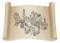 Medieval Town Map Scroll Vintage Illustration Royalty Free Stock Photo