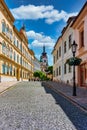 Medieval Town Pisek and historic old street in Southern Bohemia, Czech Republic. Pisek has the oldest preserved early Gothic