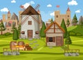 Medieval town scene with windmill and barn Royalty Free Stock Photo