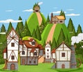 Medieval town scene with windmill and houses Royalty Free Stock Photo