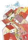 Medieval town seen from above- hand drawn color illustration, part of medieval series set