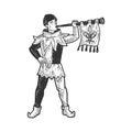 Medieval trumpeter sketch vector illustration