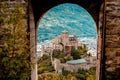 Medieval Valere basilica seen through main gates of Tourbillon Castle located in Sion city, canton Valais, Switzerland Royalty Free Stock Photo