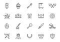 Medieval vector line icon set. Knight castle king battle throne icons, medieval crown sword symbol.