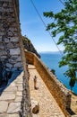 The medieval Venetian fortress of Palamidi fortress, built uphill overlooking Acronafplia castle and historic seaside old town of