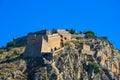 The medieval Venetian fortress of Palamidi fortress, built uphill overlooking Acronafplia castle and historic seaside old town of