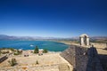 The medieval Venetian fortress of Palamidi fortress, built uphill overlooking Acronafplia castle and historic seaside old town of