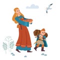 Medieval Viking family. Mother and son are engaged in agriculture. Mother gathered berries, and son bears fuel-wood